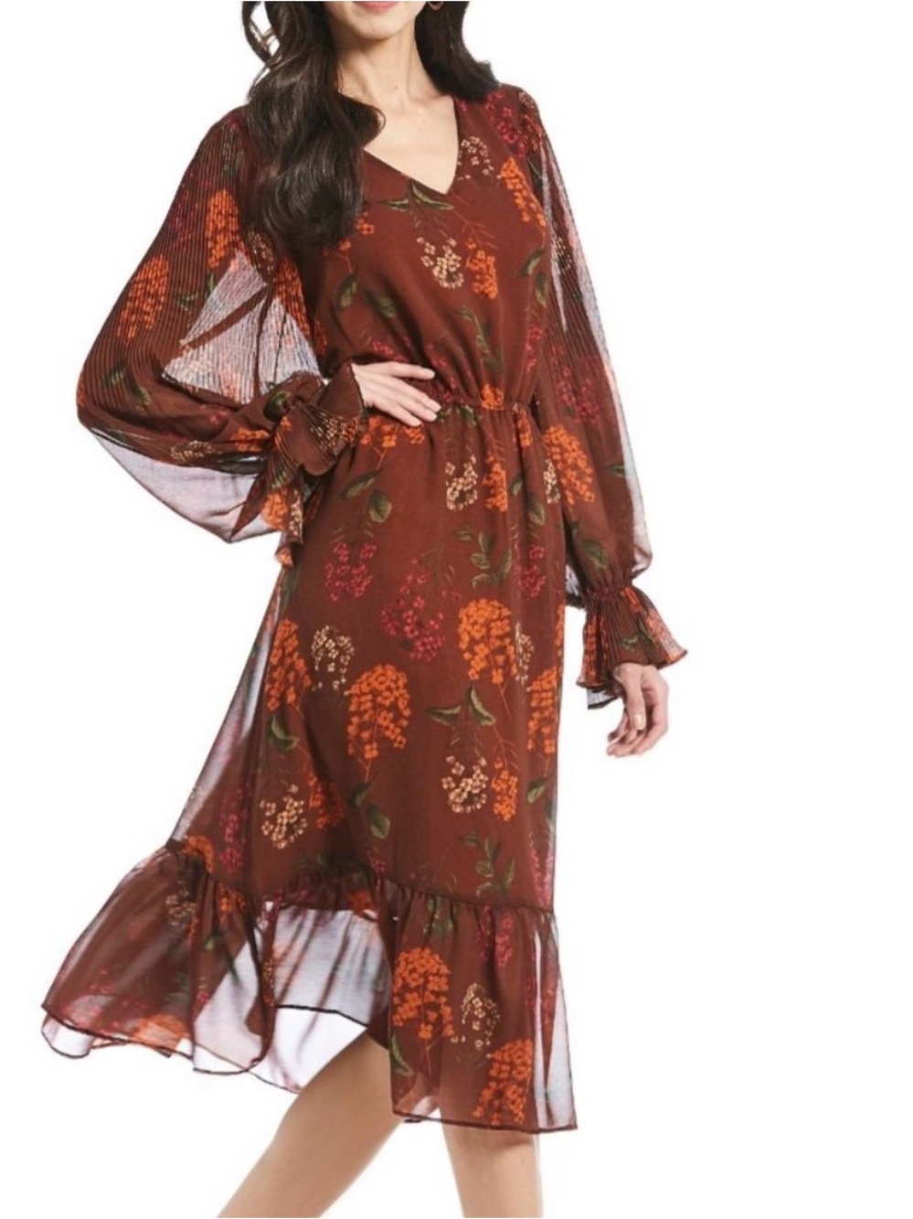 Gibson Latimer Rust Brown Floral Midi Dress Sheer Balloon Sleeves